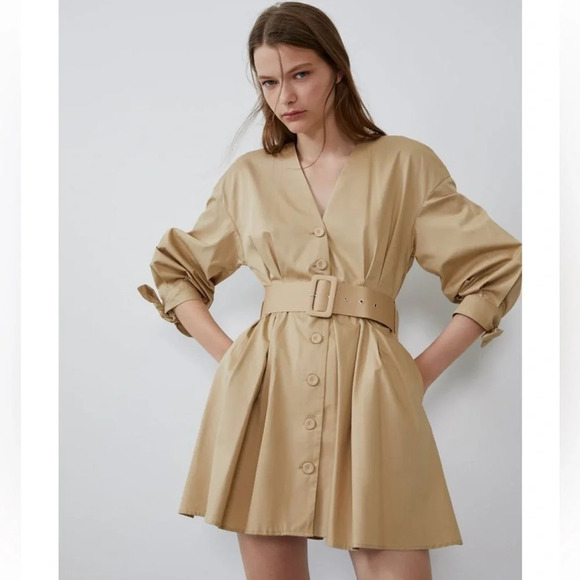 NWOT ZARA BELTED CAMEL DRESS - Picture 1 of 11